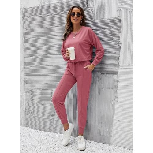 Tracksuit Women Solid Color Casual 2 Piece Outfist Drawstring Pockets Slim Pencil Pants+O-Neck Long Sleeve Top Y2K Pants Suits