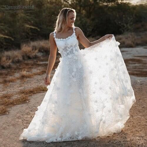 3D Flowers Lace Wedding Dresses Spaghetti Romantic A Line Bridal Gowns Boho Country Vestido De Noivas DW490