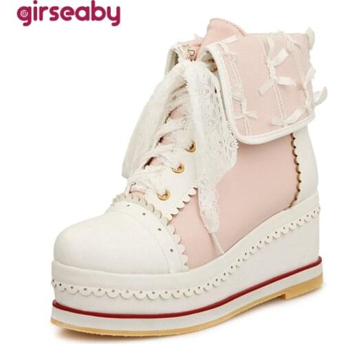 Girseaby 2021 Sweet Ankle Boots Lolita Appliques Platforms Lace Up Candy Color Cosplay Thick Sole Shoes Pink Beige Red A4523