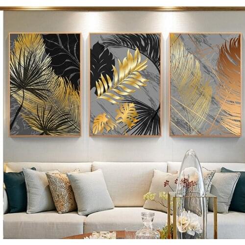 Triptych Golden Leaf Art Plant Abstract art diamond painting kits,full lay diamond embroidery square round drill mosaic MM155