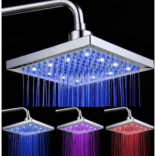 LED Square Top Spray Showe Head Temperature Control Three Color Luminous Color Colorful 8 Inch Large Showers Water Booster