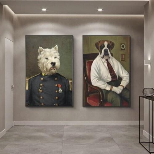 Retro Wall Art Dog in Military Uniform Oil Paintings on Canvas Wall Posters And Prints Dogs Pictures for Home Wall Decoration