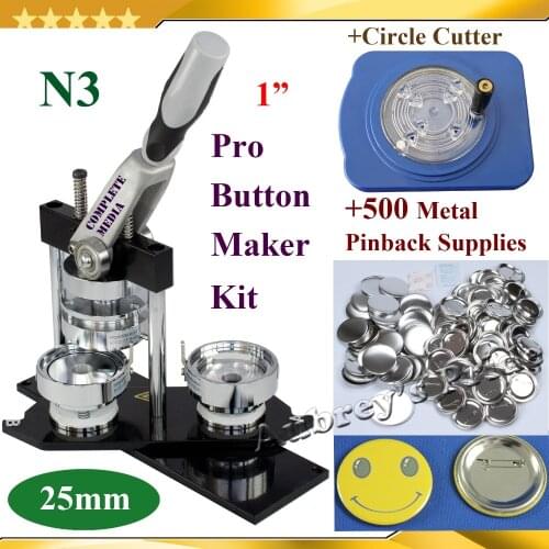 NEW Pro N3 1":25mm Badge Button Maker Machine + Fixed 8Sizes Circle Cutter+500 Sets of Metal Pinback Button Supplies
