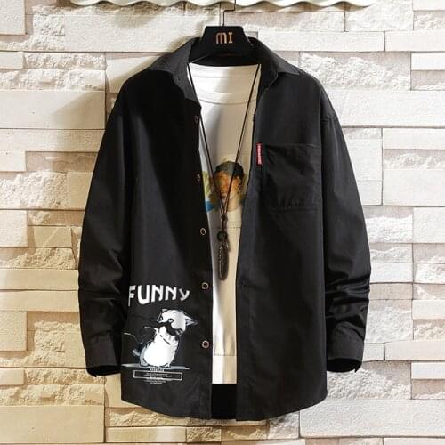 Plus Size 5XL-M Autumn New Original Cat Print Long Sleeve Men Casual Shirts Front Pocket Loose Chemise Homme Streetwear 2Colors