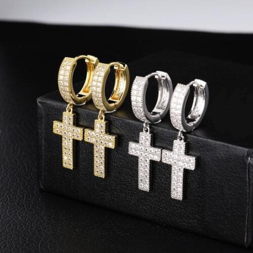 Vintage Cross Dangle Earring Micro pave cz 925 sterling silver Hiphop Party Wedding Drop Earrings for Women men Rock Jewelry