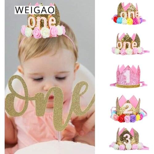 WEIGAO 1/2/3 Happy Birthday Party Caps Decor One Birthday Hat Princess Crown Baby Birthday Headband 1st 2nd 3rd Year Old Decor