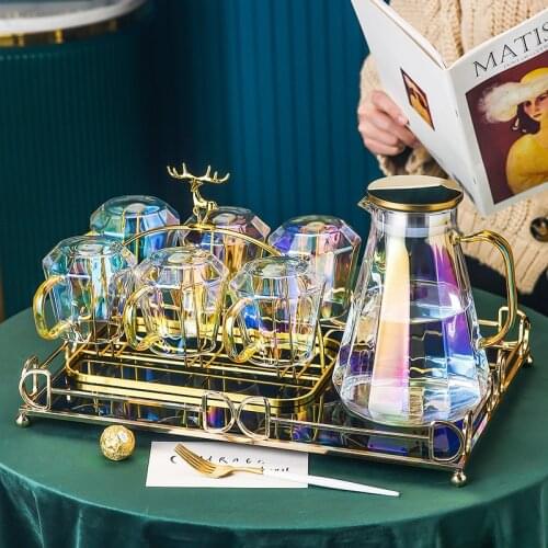 High Appearance Glass Tea Set Dreamy Purple Water Tea Cups 1.9L Teapot Stainless Steel Deer Holder Exquisite Tray Summer Drinkwr