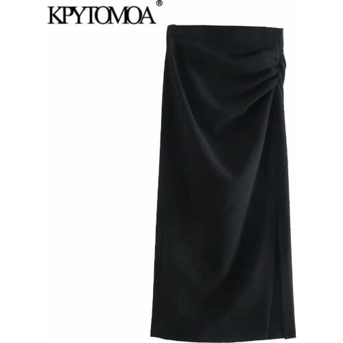 KPYTOMOA Women 2021 Fashion Office Wear Draped Pencil Midi Skirt Vintage High Waist Side Zipper Slit Hem Female Skirts Mujer