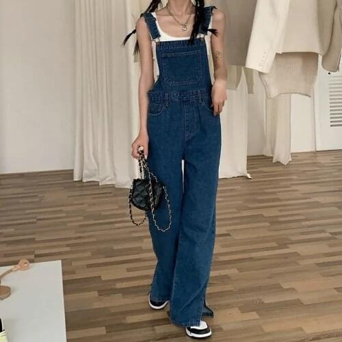 Denim Jumpsuit Women Solid Basic Overalls Korean Fashion Jumpsuits Streetwear Lady Straight Baggy Romper Hot Sale Blue 2021