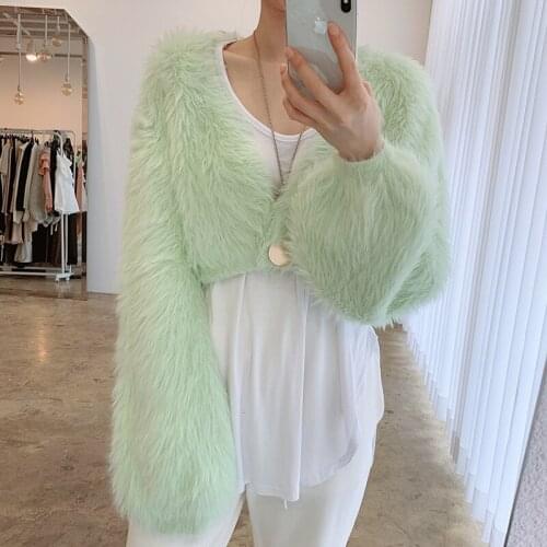 Vintage High Street Faux Fur Single Button V Neck Crop Cardigans Spring Autumn Solid Color Chic Downy Long Sleeve Jacket Women