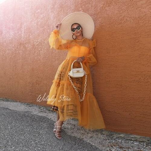 New Arrival Asymmetrical Tulle Dresses 2020 For Women Ankle Length Sheer Tulle Gowns Fashion Lantern Sleeve Ruffles Party Dress