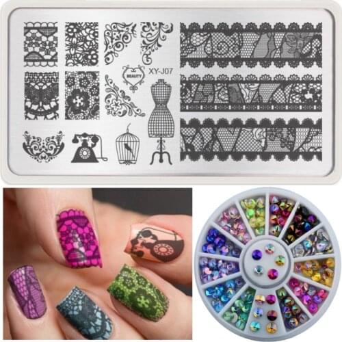DIY Nail Art Plate Stamp Stamping Set+Colorful Sharp Crystal AB 3d Nail Rhinestone Wheel Manicure Nail Art Tips Decoration Tools