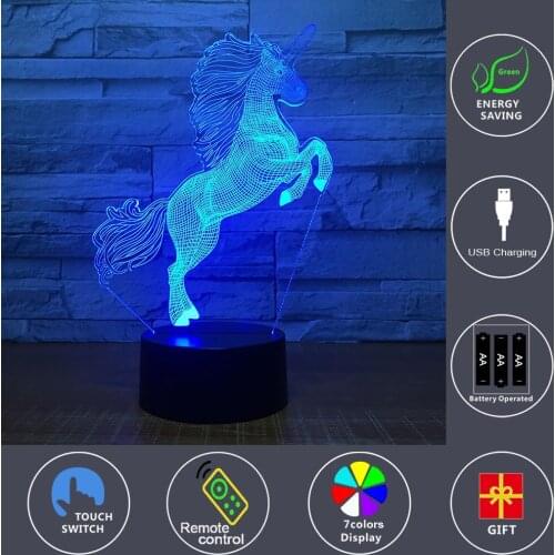 Unicorn 3D Night Lights for Kids 7 Colors Touch Changing with Remote Kids optical illusion Lamps As a Gift for Boys or Girls