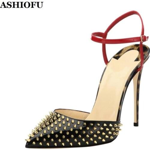 ASHIOFU New Hot Sale Handmade Womens High Heel Sandals Rivets Spikes Party Prom Shoes Slingback Evening Fashion Sandals Shoes