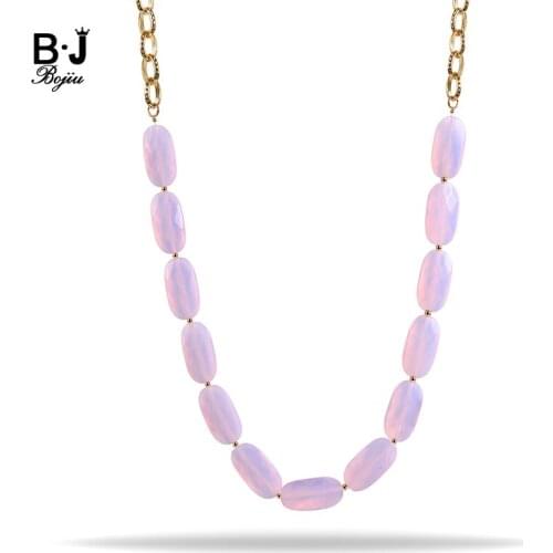 BOJIU Long Necklace For Women Exclusive Design Gold Chain Natrual Opal Rose Stone Handmade Jewelry NKS162