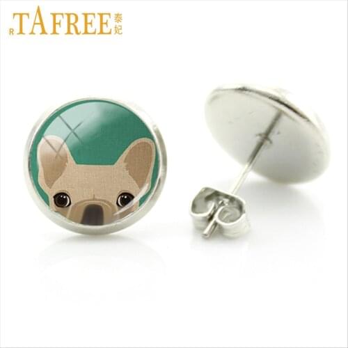 TAFREE Cute Dog Earrings vintage glass cabochon Pug photo animal pendant charms for children gift New fashion 2017 jewlery A132