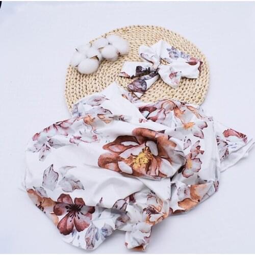 Muslin Baby Thin Blankets Towel New Born Soft Comfortable Elastic Wrap Cloth Swaddle Cotton Print Photography 2-piece Set AC37