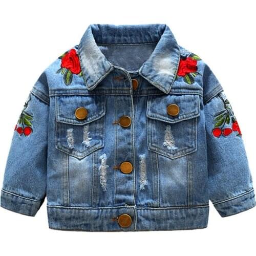 2021 Autumn Winter New Girls' Rose Embroidered Coat Childrens Long Sleeve Baby Fashionable Denim Jacket Casual Top Windbreaker