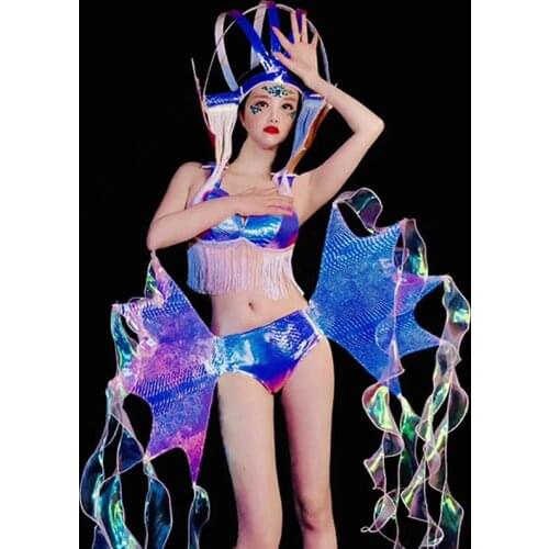 Nightclub Female Singer Stage Costumes Gogo DJ Rave Outfits Birthday Celebrate Fringe Bikini Headdress Festival Clothing VDB3446