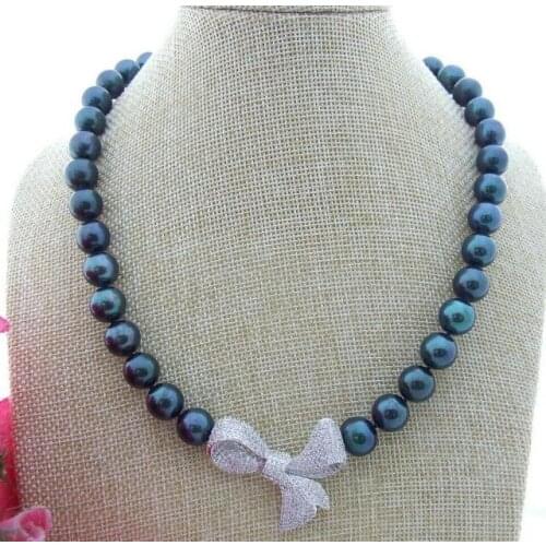 Charming 19" 36" 10-11mm Black Round Pearl Necklace CZ Pendant