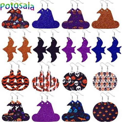 Halloween Leather Earrings Double-Sided Pendant Earrings Simple Leather Drop-Shaped Bat Pumpkin Pattern Earrings