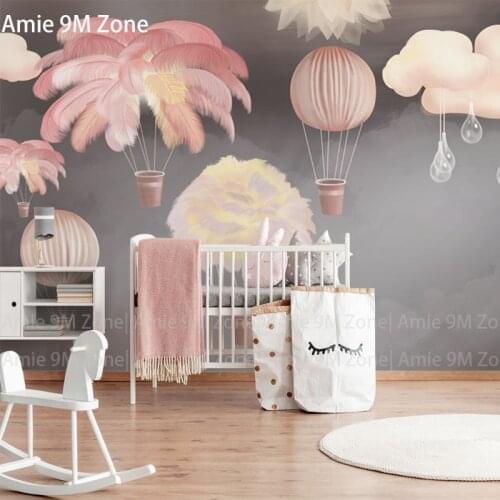 Pink feather balloon clound dreamy design grey background for girls room wall decor wallpaper white room wall-paper discount