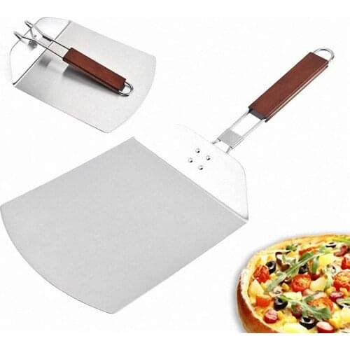 Folding Pizza Spatula Shovel with Wooden Handle Portable Stainless Steel Cake Shovel Cheese Cutter Peel Lifter Baking Tool 24x57