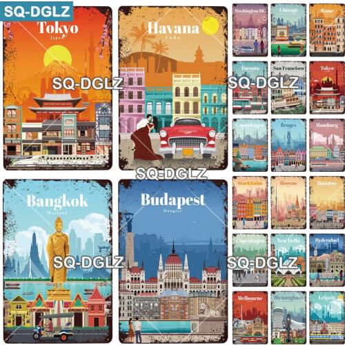 [SQ-DGLZ]City Metal Sign Vintage Plaque Plate Decor For Pub Bar Wall Decor Tin Sign Thailand/Rome/Tokyo/Havana Poster Gift