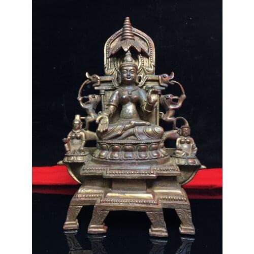 11"Tibet temple Old Bronze Cinnabar Lacquer Northern Wei Buddha Shakyamuni Buddha Statue Sitting Buddha Left and right guardian