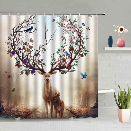 3D Three-dimensional Modern And Beautiful Flower Branch Elk Bathroom Partition Screen Waterproof Polyester Fabric With Hook