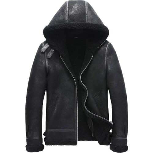 Hooded Thicken Sheepskin Fur Coats Men Black Winter Warm Short Genuine Leather Clothing Original Ecology Shearling Fur