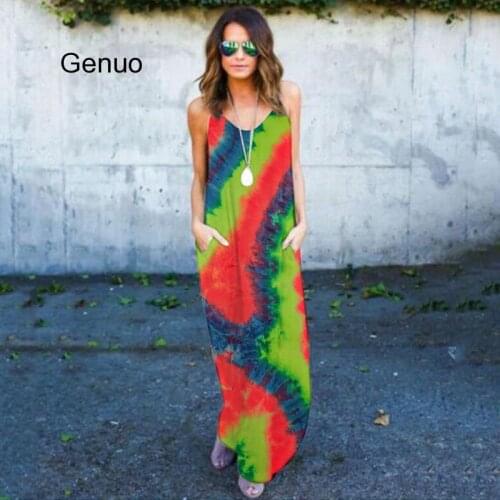 High Quality Spring Summer Women Casual Dress Loose V-neck Rainbow Gradient Color Strapped Long Sleeveless Shirt Dress