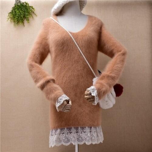 Ladies women fashion lace hairy angora rabibt hair knitted long sleeves slim blouses pullover mink cashmere jumper sweater pull