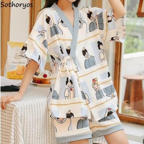 Women Pajama Sets Short Sleeve Lace-up Japan Style Lovely V-neck Retro Fashion Loose Lounge Wear Cozy Sweet Cartoon Print M-3XL