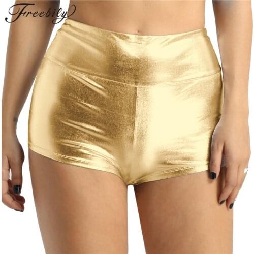 Women Gold High Waist Dance Shorts Metallic Gold Gymnastics Shorts Adult Workout Shorts Girls Stage Performance Bottom