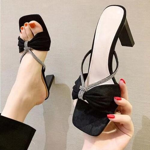 2021 Butterfly Rhinestone Crystal Women Slippers Mules V Sharp Chunky High Heel Shoes Slip On Square Toe Dress Sandals Summer