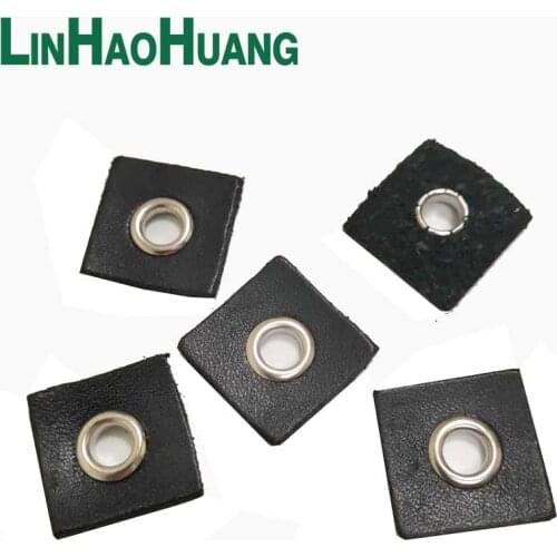 30pcs/Lot 20mm Square Black PU Leather Sew on Badges Patch Labels + Inner 5mm Metal Brass Eyelets Grommets Free Ship