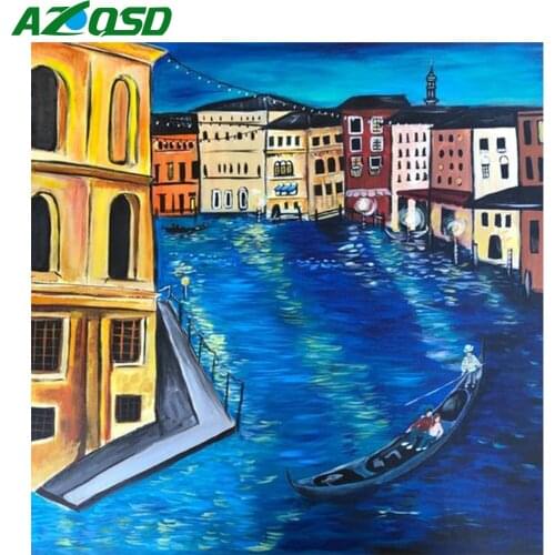 AZQSD 5D Diamond Embroidery City River Boat Mosaic Needlework New Arrival Diamond Painting Scenery Cross Stitch Home Decor Gift