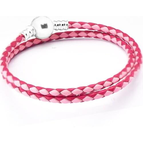 925 Sterling Silver Jewelry Mixed Pink Woven Double-Leather Charm Bracelets for Women DIY Beads Charms Jewelry Making Pulseras