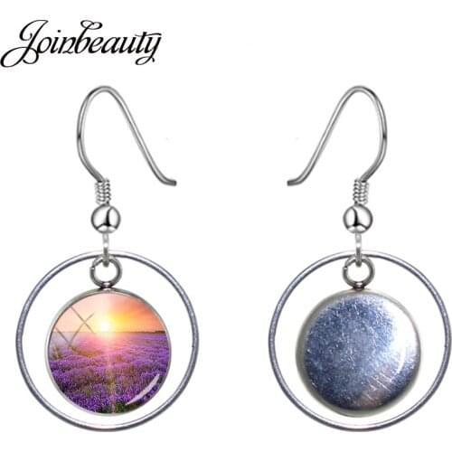 JOINBEAUTY Elegant Lavender Flower Bouquet Round Drop Earrings Purple Flower Sea Art Picture Glass Charm Women Earrings YC06