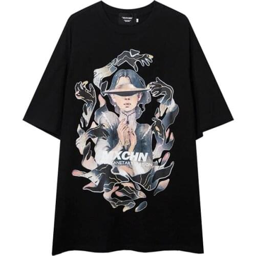 Summer Cotton Women T Shirt Loose Short Sleeves Long Black Lady Tees Print Harajuku Street Fashion Demon Girl Retro Tops Female