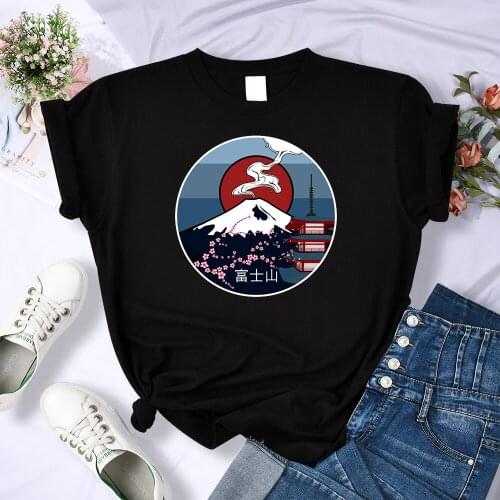 Japan Cherry blossom fuji Printing Female Clothes Hip Hop Oversize T-Shirts Summer Creativity Tshirt Brand Loose T Shirt Women