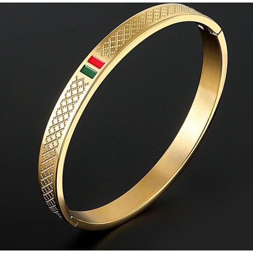 Classic Brand Enamel Red Green Resin Women Bracelets Men Bangle Stainless Steel Gold Wristband Luxury Love Bangle Jewelry Female