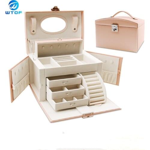 Hot Sale Jewelry Box PU Leather Jewelry Storage Box Casket Multi-layer Women Jewelry Container Storage Case with Mirror Quality