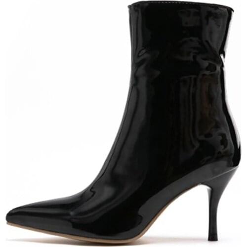 LOVIRS Women Ankle Boots Thin Heel 8cm Zipper Pointed Toe Boots Black Motorcycle Boots Shoes Plus Size 35-46