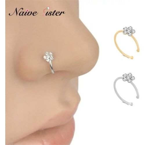 Fashion 6 Pcs Small Thin Flower Clear Crystal Nose Ring Stud Hoop-Sparkly Crystal Nose-Ring Body Jewellery Pink Blue Black Color