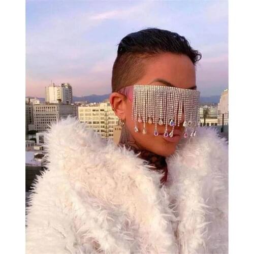 Fashion luxury long tassel face Sunglasses jewelry mask shining Rhinestone fashion sunglasses Street Photo jewelry accessories
