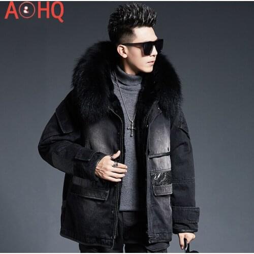 Mens Denim Jacket Winter Jackets for Men Fashion Real Rabbit Fur Coat 100% Raccoon Eur Collar Parka Chaquetas LXR842
