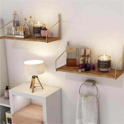Wall Shelf Solid Wood Gold Color Stainless Decorative Kitchen Bathroom Golden Bookshelf Home Office Natural Wood Color May Vary
