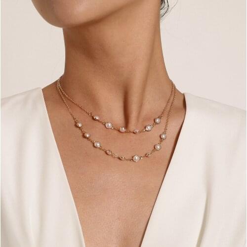 Imitation Pearls Double Chains Necklace for Women Short Layered Necklaces Clavicle Chain 2021 Fashion Jewelry Simple New